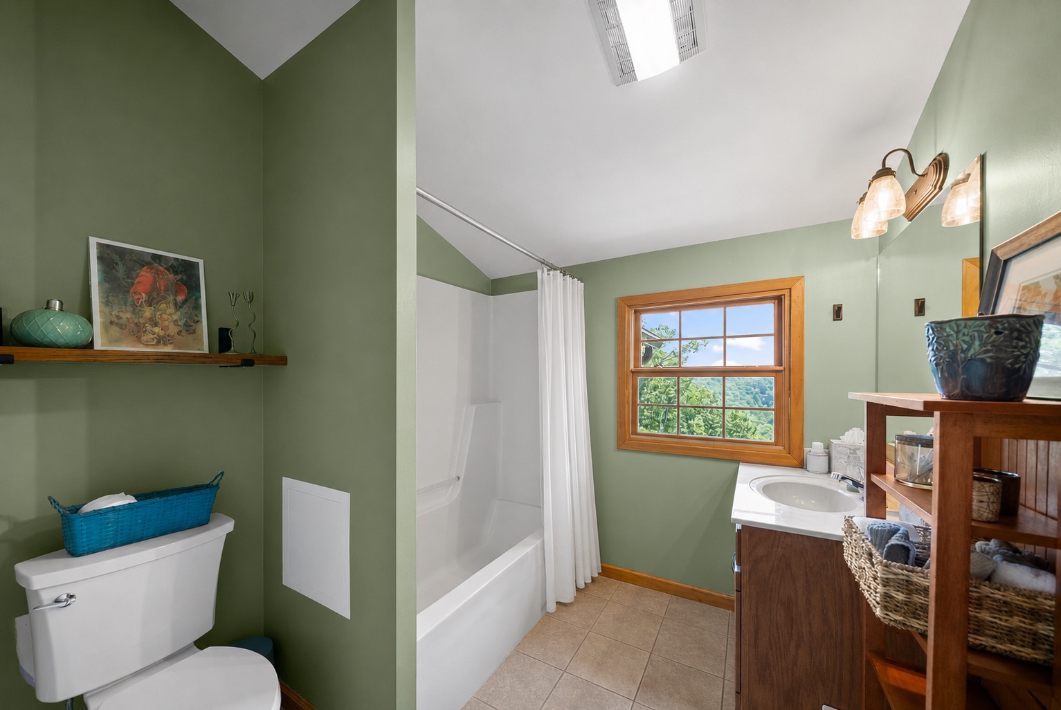Upper level bathroom with green walls and treetop view
